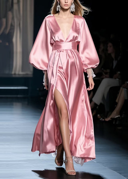 French Pink Exra Large Hem Side Open Silk Party Dresses Spring