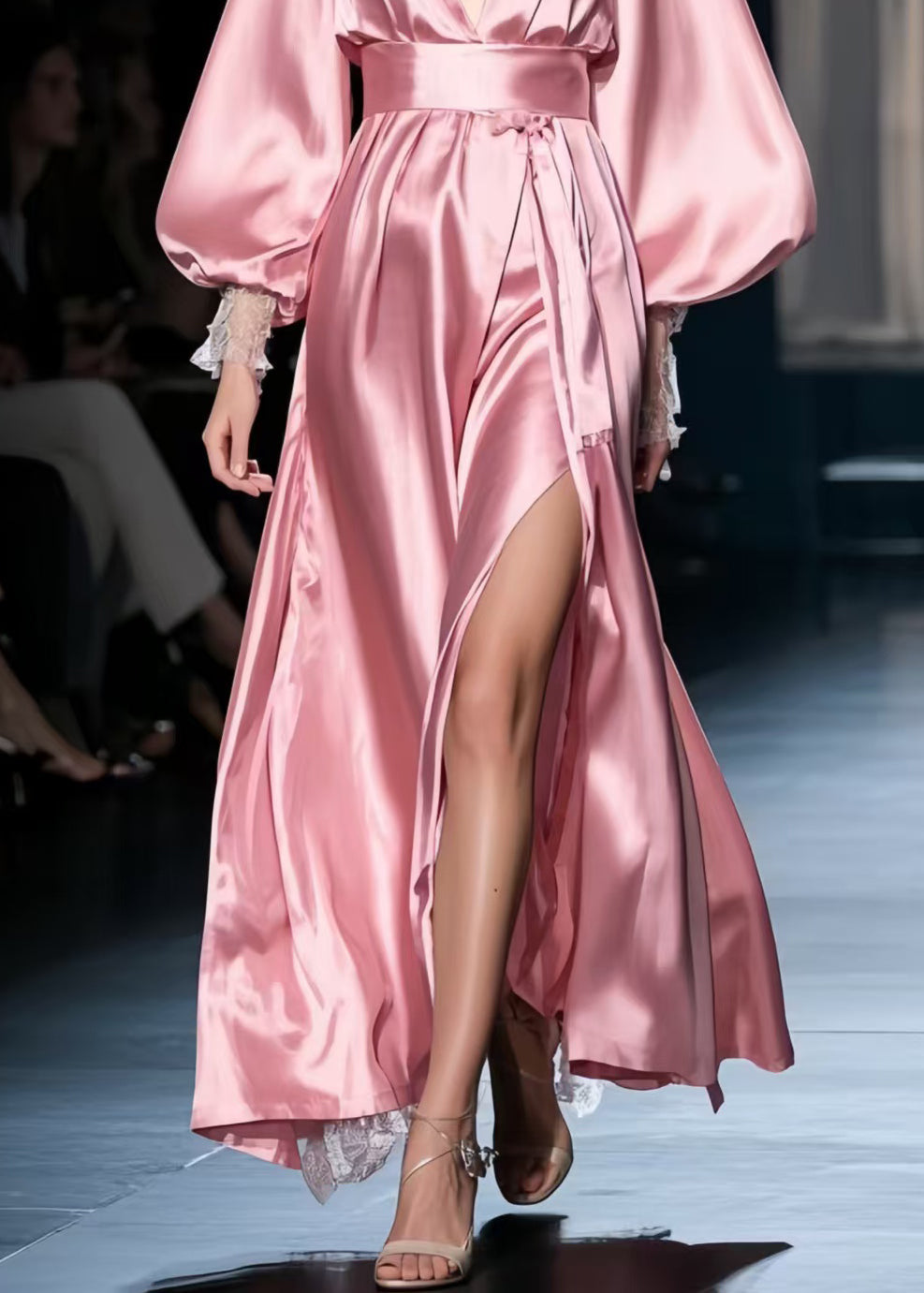 French Pink Exra Large Hem Side Open Silk Party Dresses Spring