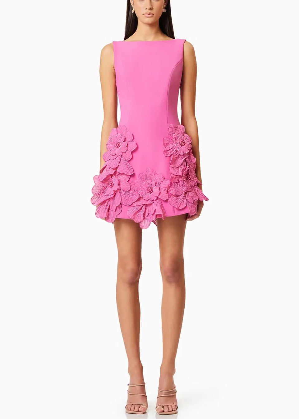 French Pink Floral Solid Cotton Mini Dresses Summer