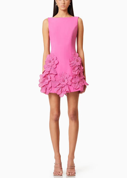 French Pink Floral Solid Cotton Mini Dresses Summer