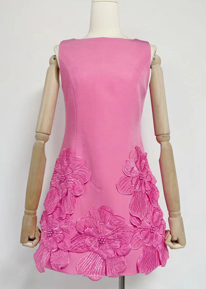 French Pink Floral Solid Cotton Mini Dresses Summer
