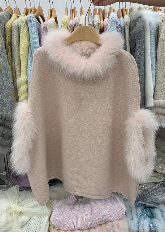 French Pink Fox Collar Removable Thick Cotton Knit Sweater Winter