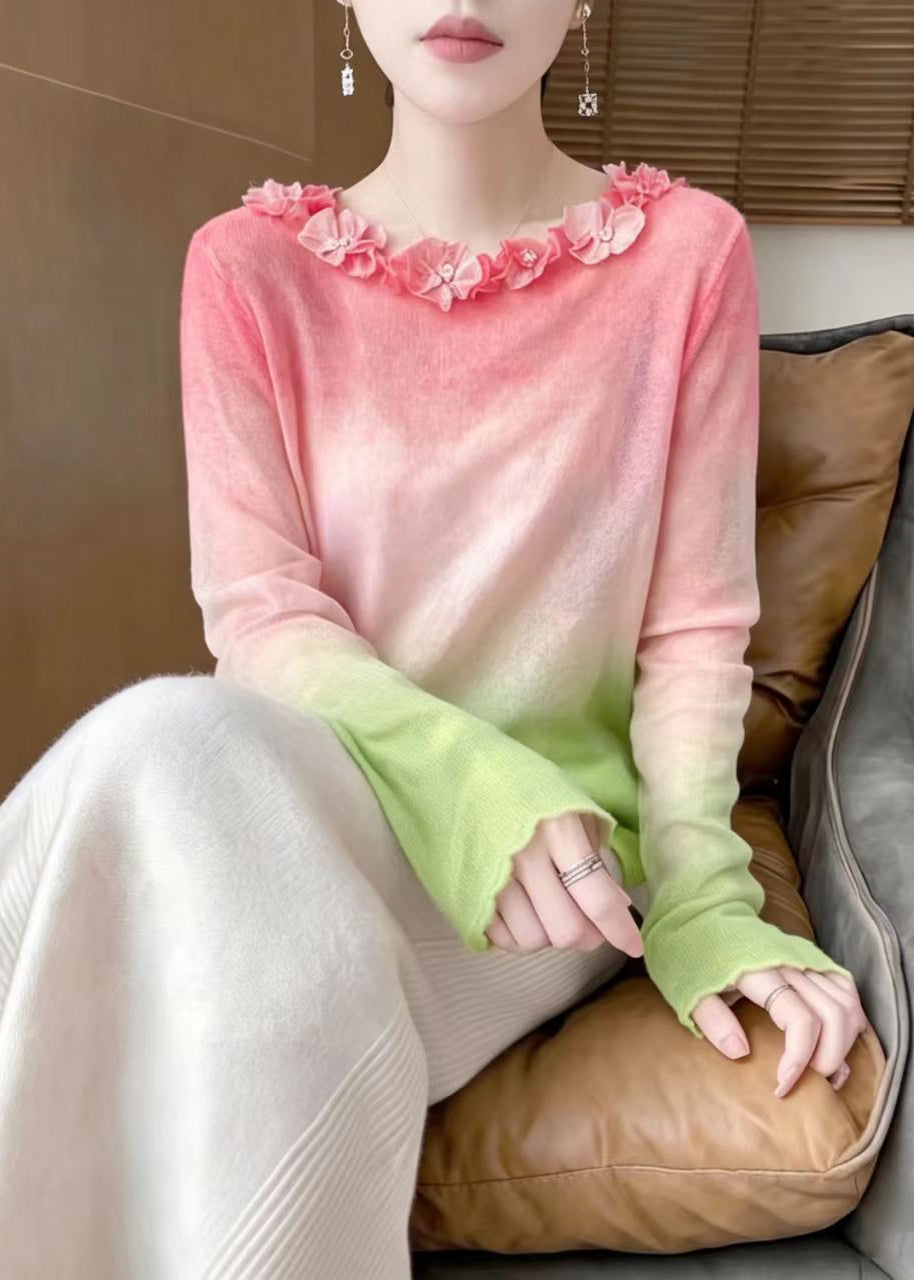 French Pink Gradient Stereoscopi Floral Knit Sweater Top Fall