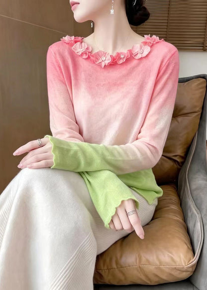 French Pink Gradient Stereoscopi Floral Knit Sweater Top Fall