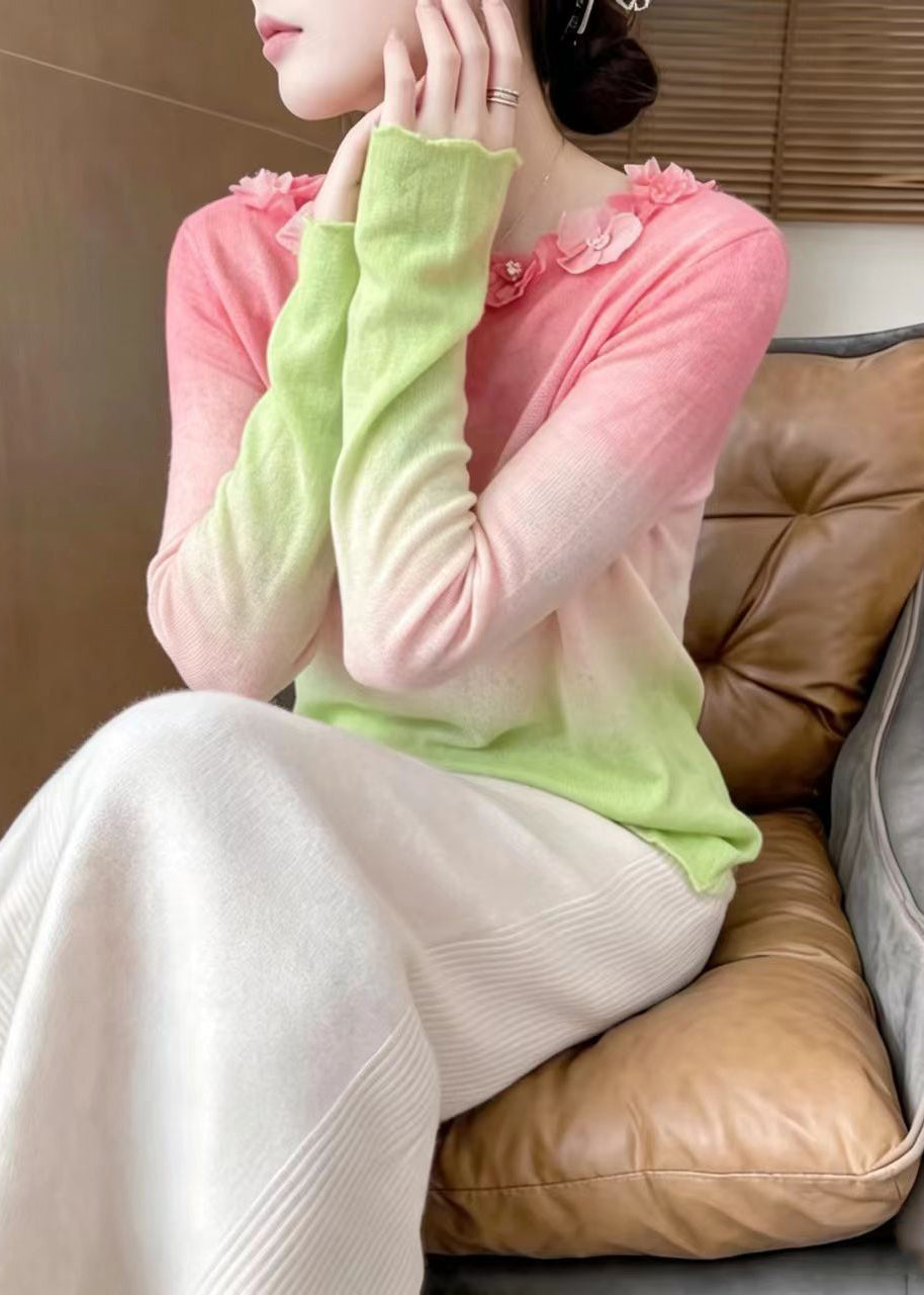 French Pink Gradient Stereoscopi Floral Knit Sweater Top Fall