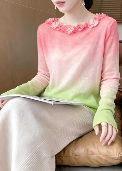 French Pink Gradient Stereoscopi Floral Knit Sweater Top Fall