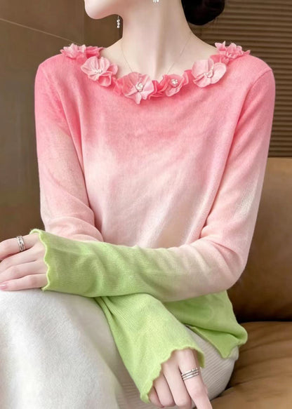 French Pink Gradient Stereoscopi Floral Knit Sweater Top Fall
