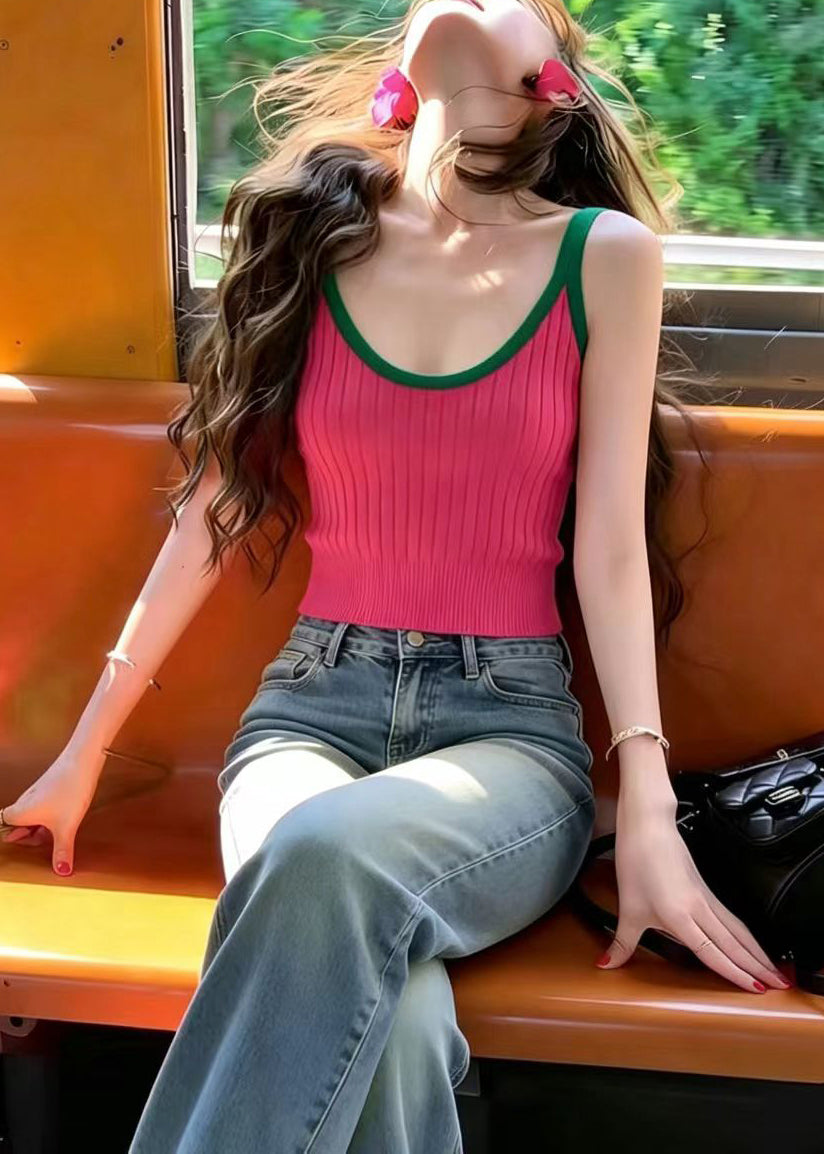 French Pink Green U Neck Knit Tank Tops Sleeveless