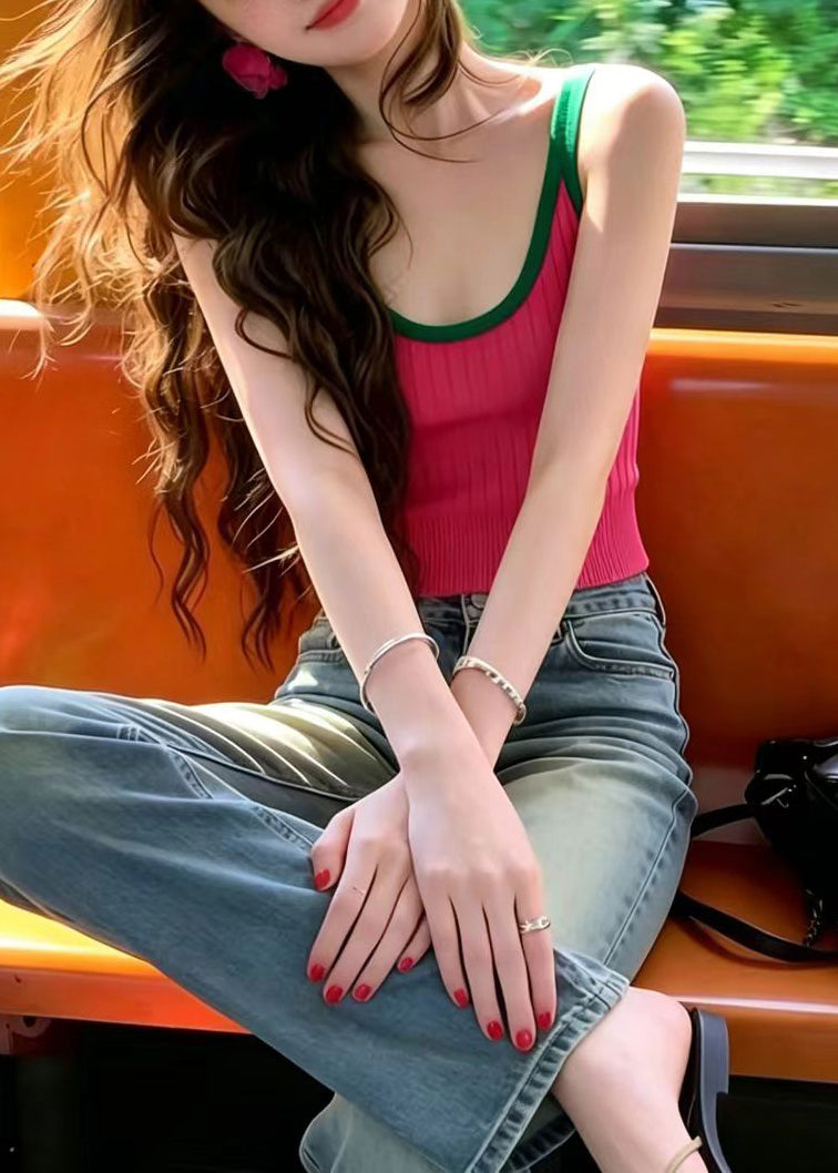 French Pink Green U Neck Knit Tank Tops Sleeveless