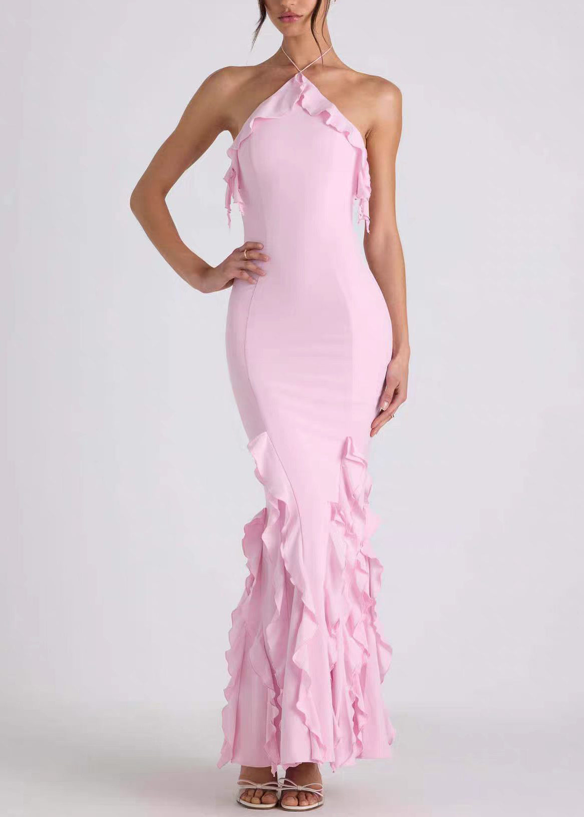 French Pink Halter Backless Ruffled Vacation Dresses Summer