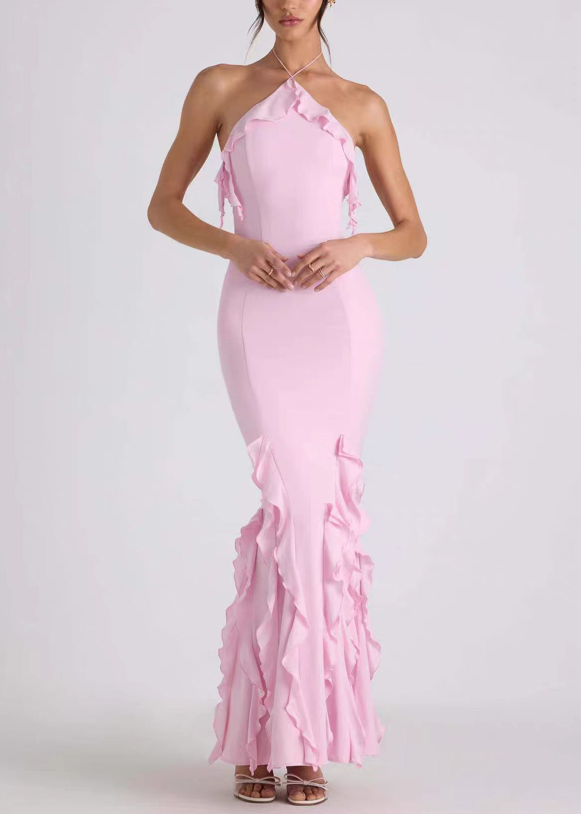 French Pink Halter Backless Ruffled Vacation Dresses Summer