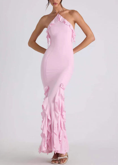 French Pink Halter Backless Ruffled Vacation Dresses Summer