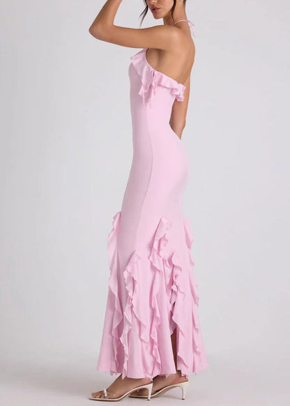French Pink Halter Backless Ruffled Vacation Dresses Summer