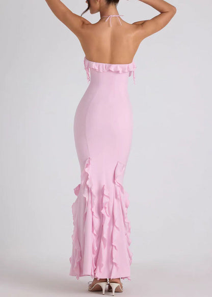 French Pink Halter Backless Ruffled Vacation Dresses Summer