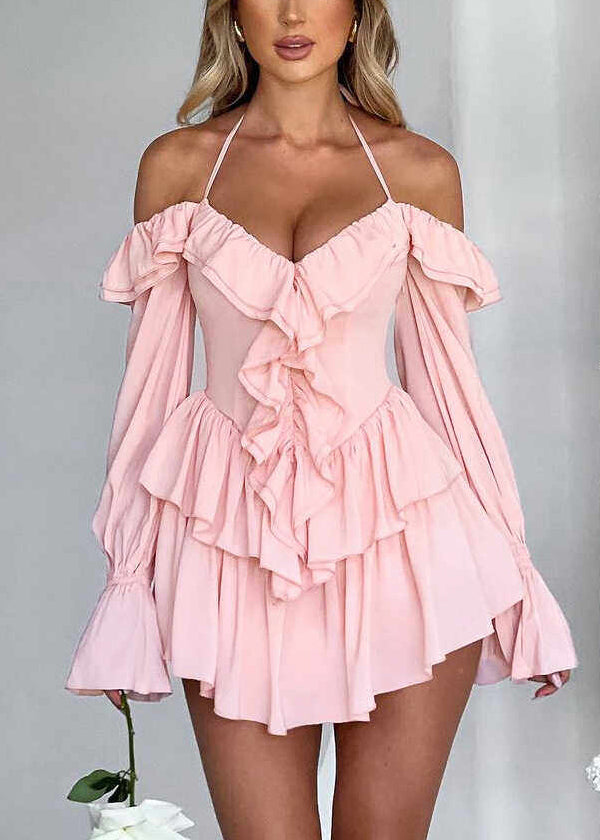 French Pink Halter Patchwork Mini Dresses Flare Sleeve