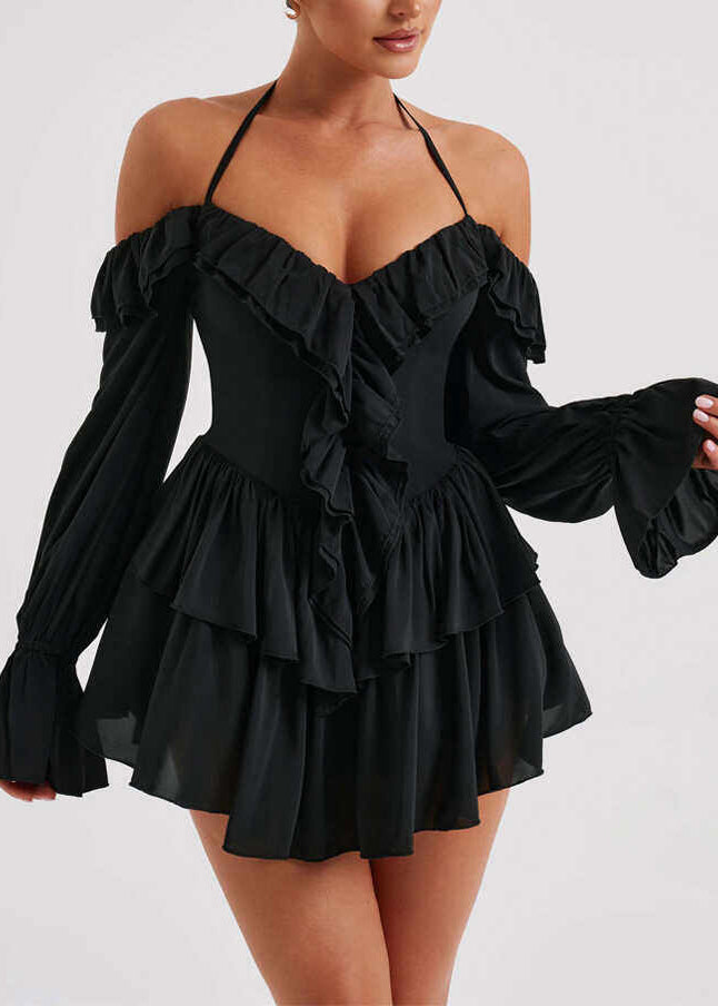 French Pink Halter Patchwork Mini Dresses Flare Sleeve