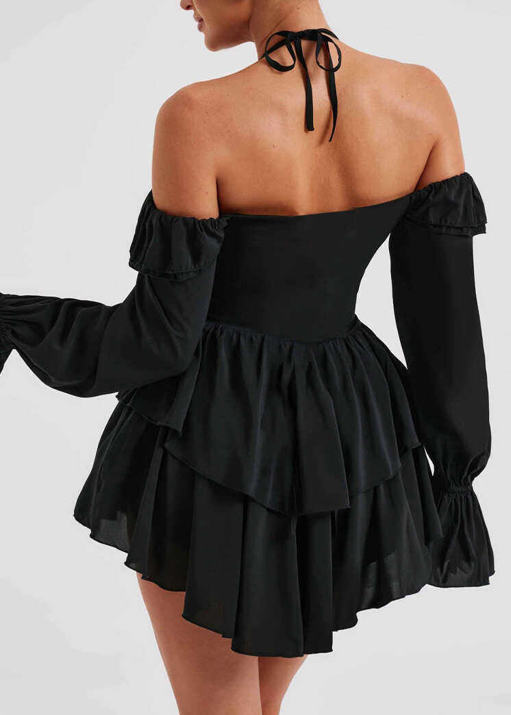 French Pink Halter Patchwork Mini Dresses Flare Sleeve