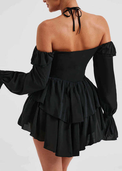French Pink Halter Patchwork Mini Dresses Flare Sleeve