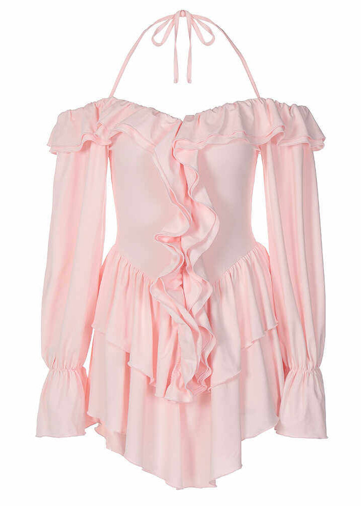 French Pink Halter Patchwork Mini Dresses Flare Sleeve