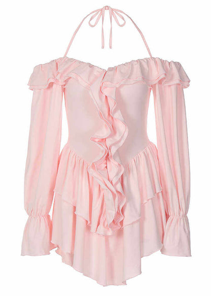 French Pink Halter Patchwork Mini Dresses Flare Sleeve
