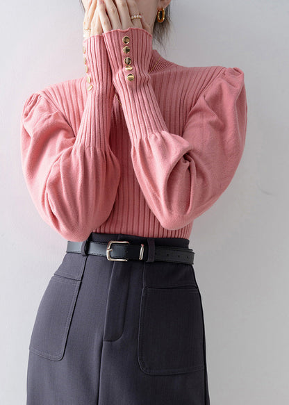 French Pink Hign Neck Patchwork Knit Sweaters Lantern Sleeve
