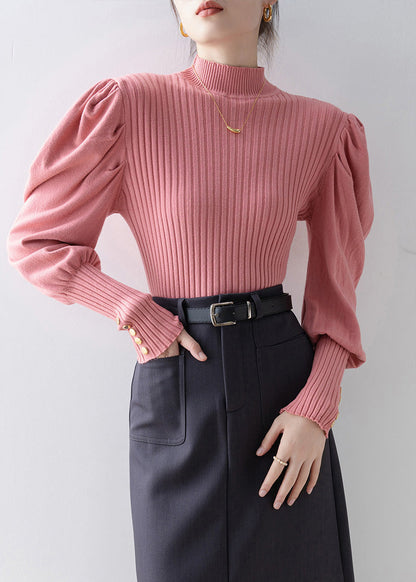 French Pink Hign Neck Patchwork Knit Sweaters Lantern Sleeve