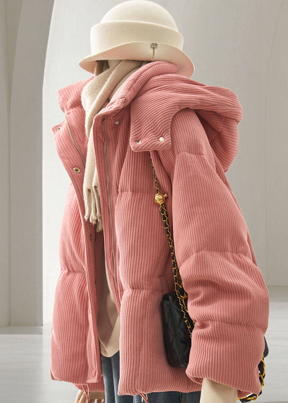 French Pink Hooded Corduroy Fine Cotton Filled Puffer Jacket Winter