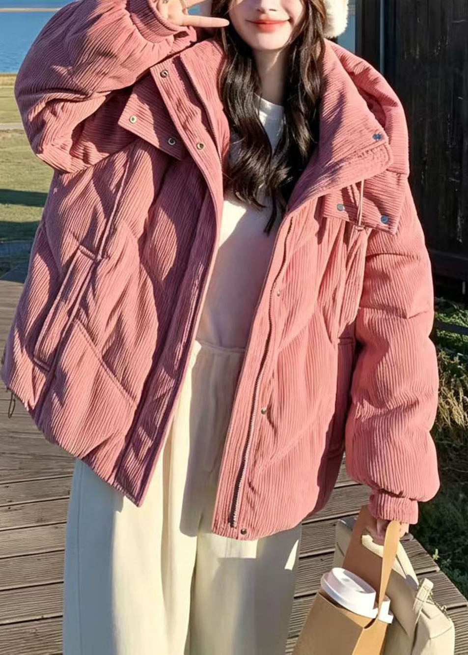 French Pink Hooded Corduroy Fine Cotton Filled Puffer Jacket Winter
