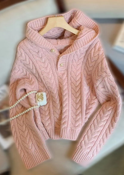 French Pink Hooded Thick Knit Cable Sweater Tops Spring