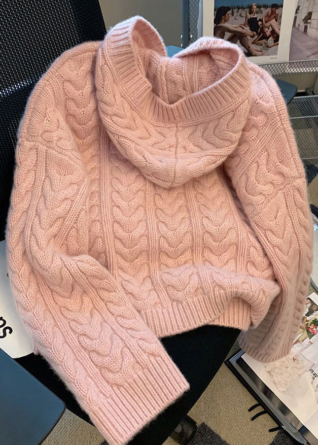 French Pink Hooded Thick Knit Cable Sweater Tops Spring