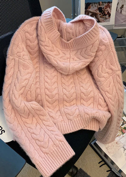 French Pink Hooded Thick Knit Cable Sweater Tops Spring