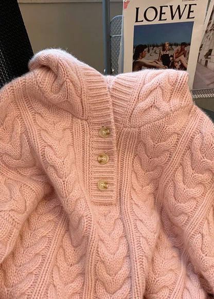 French Pink Hooded Thick Knit Cable Sweater Tops Spring