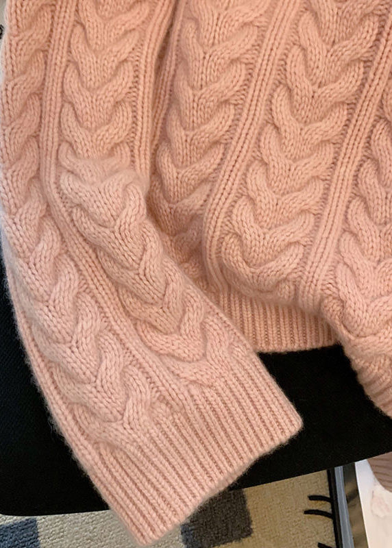 French Pink Hooded Thick Knit Cable Sweater Tops Spring