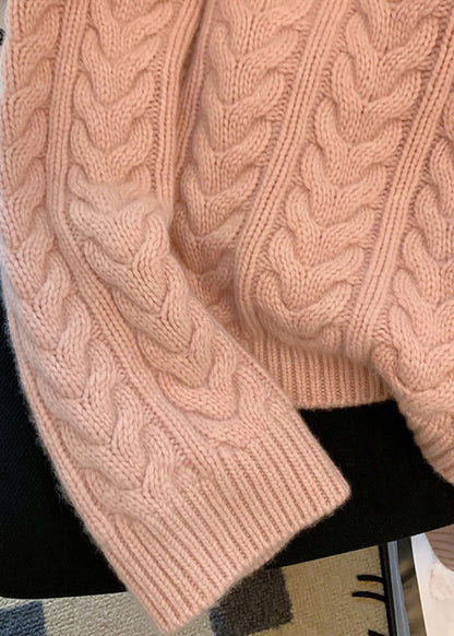 French Pink Hooded Thick Knit Cable Sweater Tops Spring
