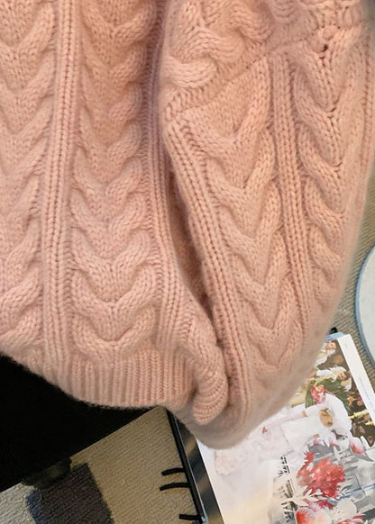 French Pink Hooded Thick Knit Cable Sweater Tops Spring