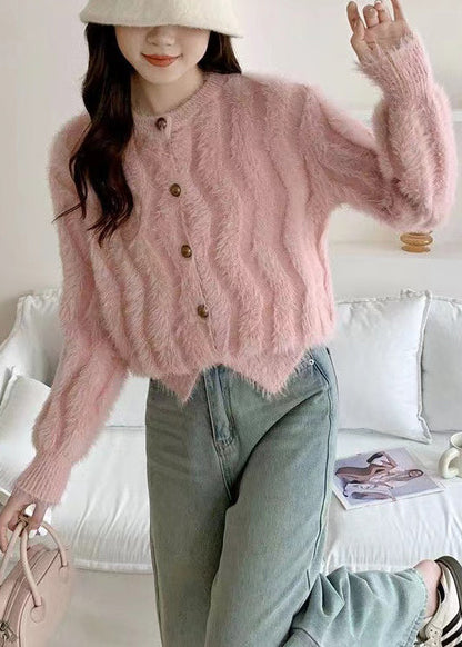 French Pink O Neck Button Mink Hair Knitted Cardigan Spring