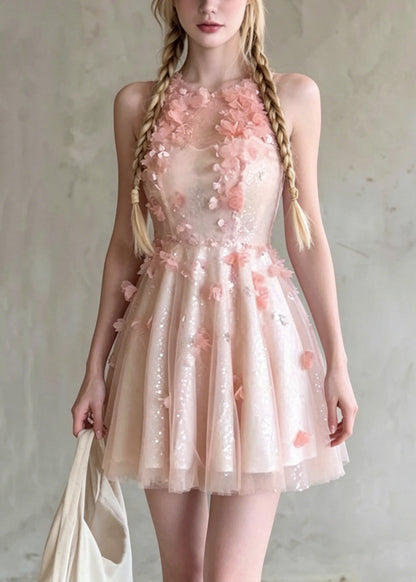 French Pink O Neck Floral Wrinkled Tulle Dress Summer