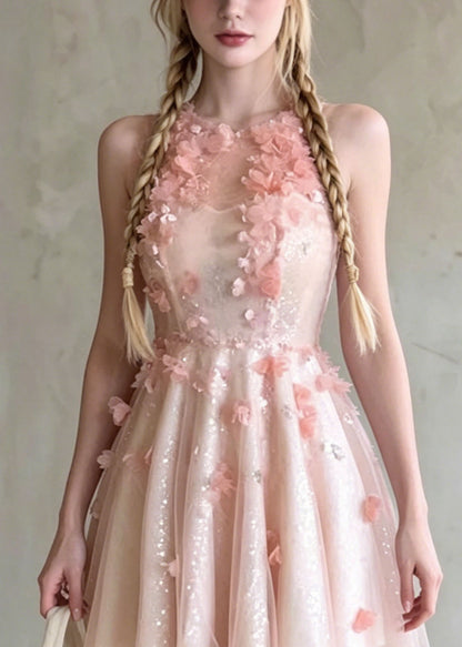 French Pink O Neck Floral Wrinkled Tulle Dress Summer