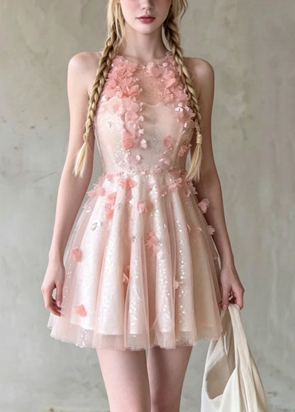 French Pink O Neck Floral Wrinkled Tulle Dress Summer