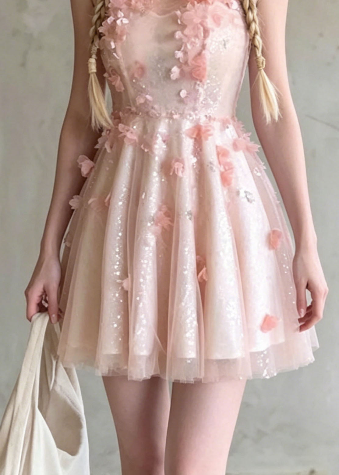 French Pink O Neck Floral Wrinkled Tulle Dress Summer