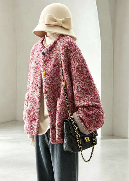 French Pink O-Neck Heart Buttons Woolen Cotton Filled Jackets Winter