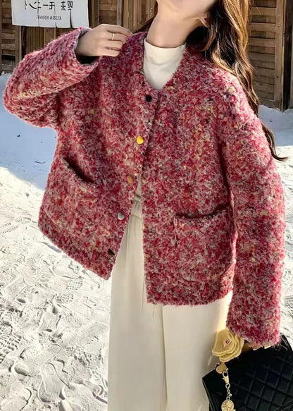 French Pink O-Neck Heart Buttons Woolen Cotton Filled Jackets Winter