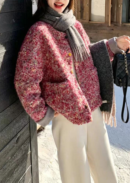 French Pink O-Neck Heart Buttons Woolen Cotton Filled Jackets Winter