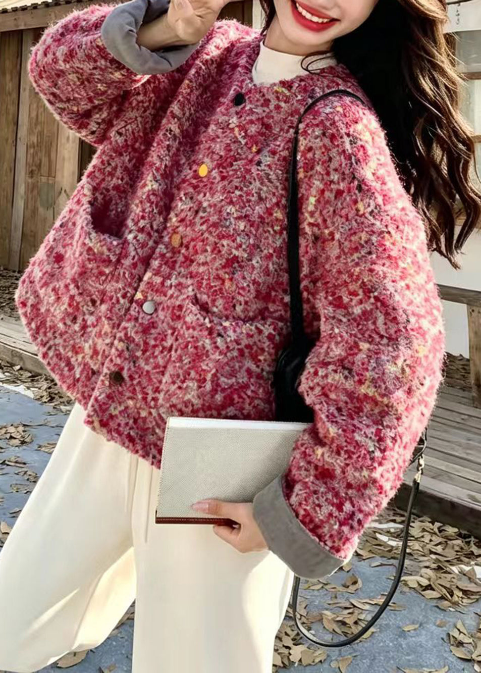 French Pink O-Neck Heart Buttons Woolen Cotton Filled Jackets Winter