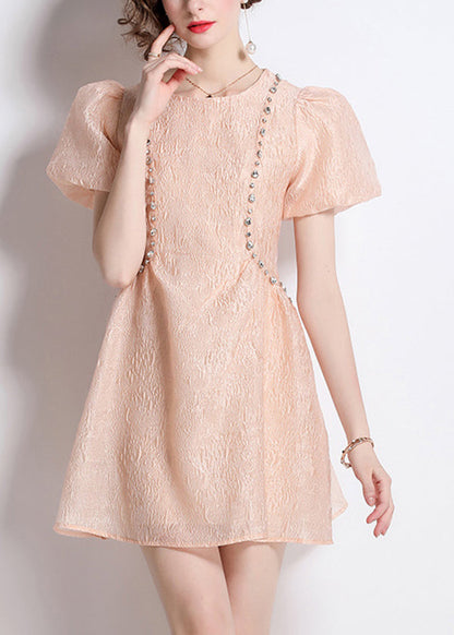 French Pink O Neck Jacquard Nail Bead Cotton Dresses Summer