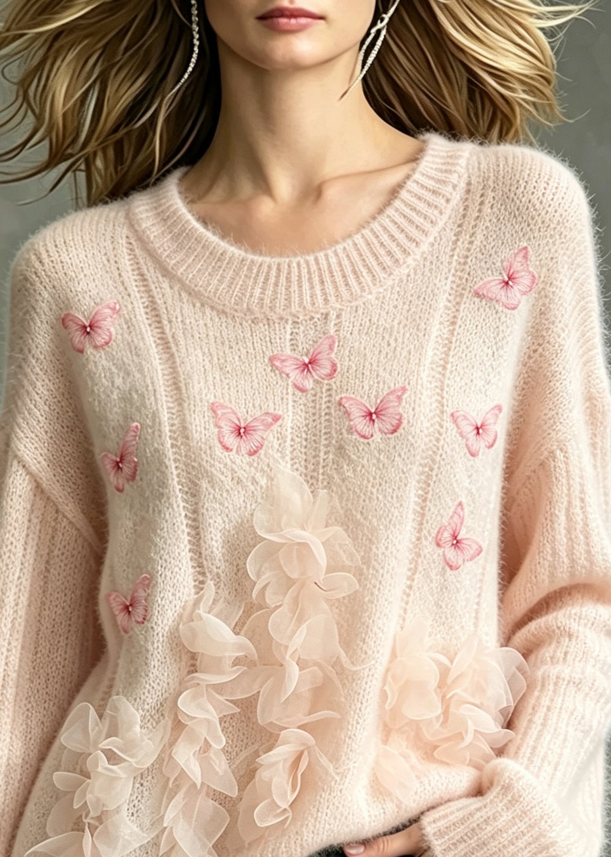 French Pink O-Neck Nail Bead Butterfly Floral Knit Sweater Fall