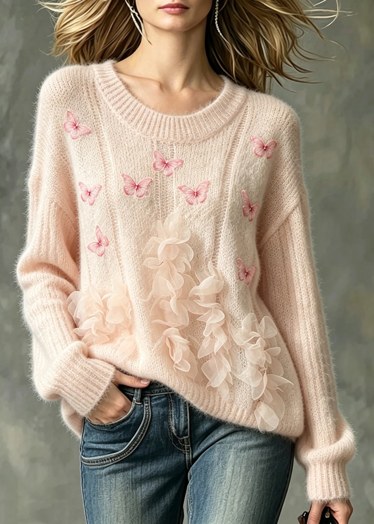 French Pink O-Neck Nail Bead Butterfly Floral Knit Sweater Fall