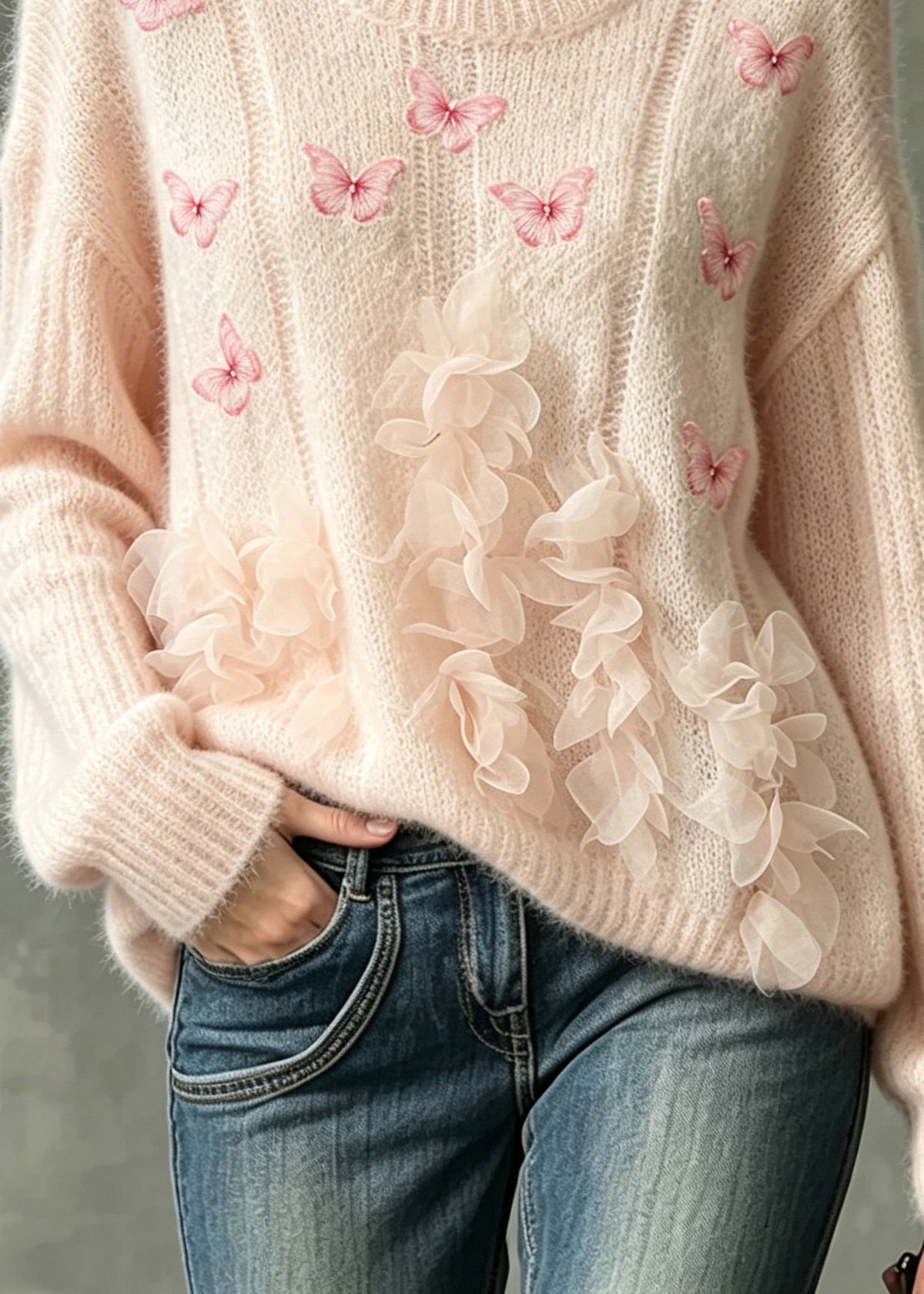 French Pink O-Neck Nail Bead Butterfly Floral Knit Sweater Fall