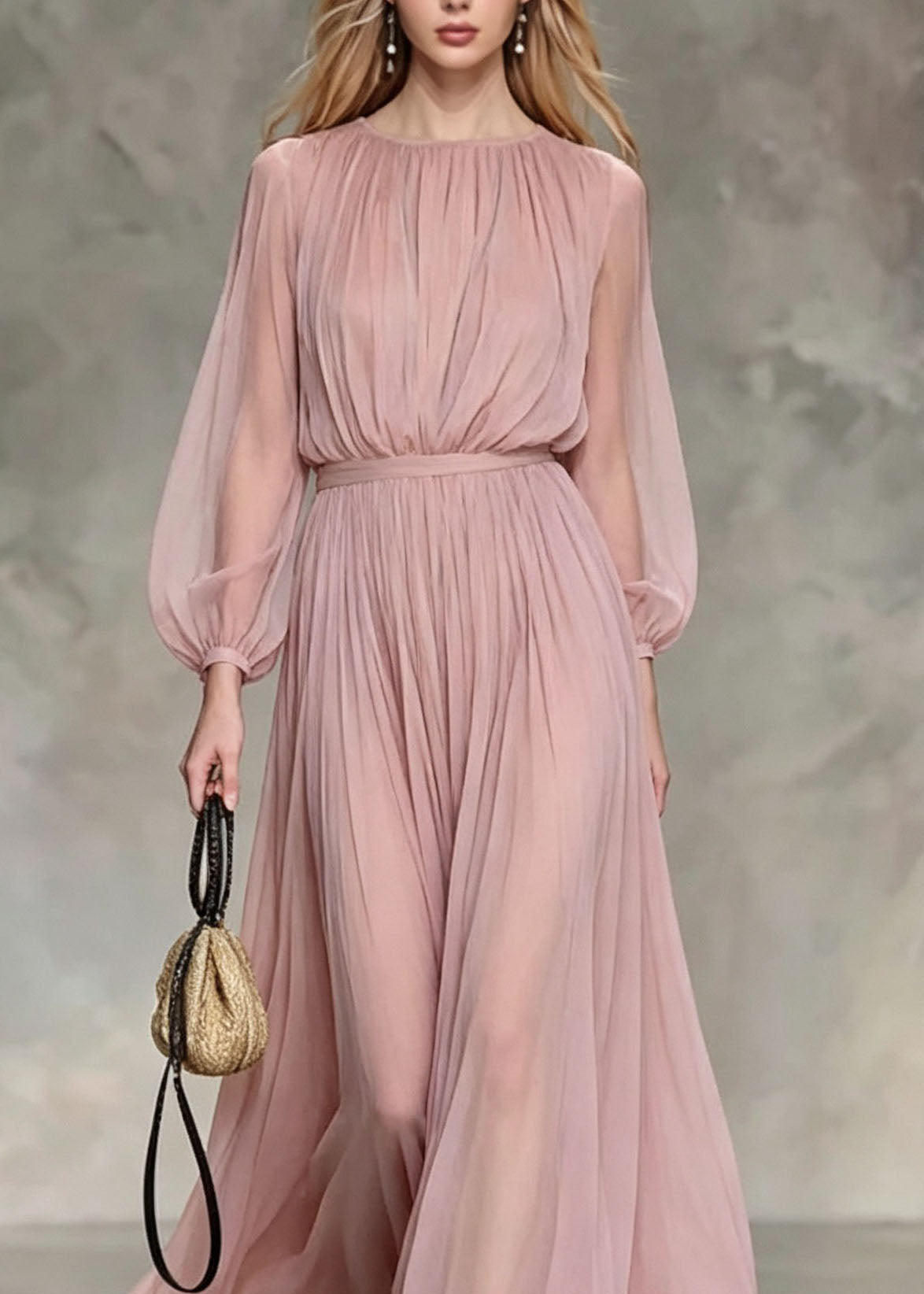 French Pink O Neck Wrinkled Chiffon Two Pieces Set Fall