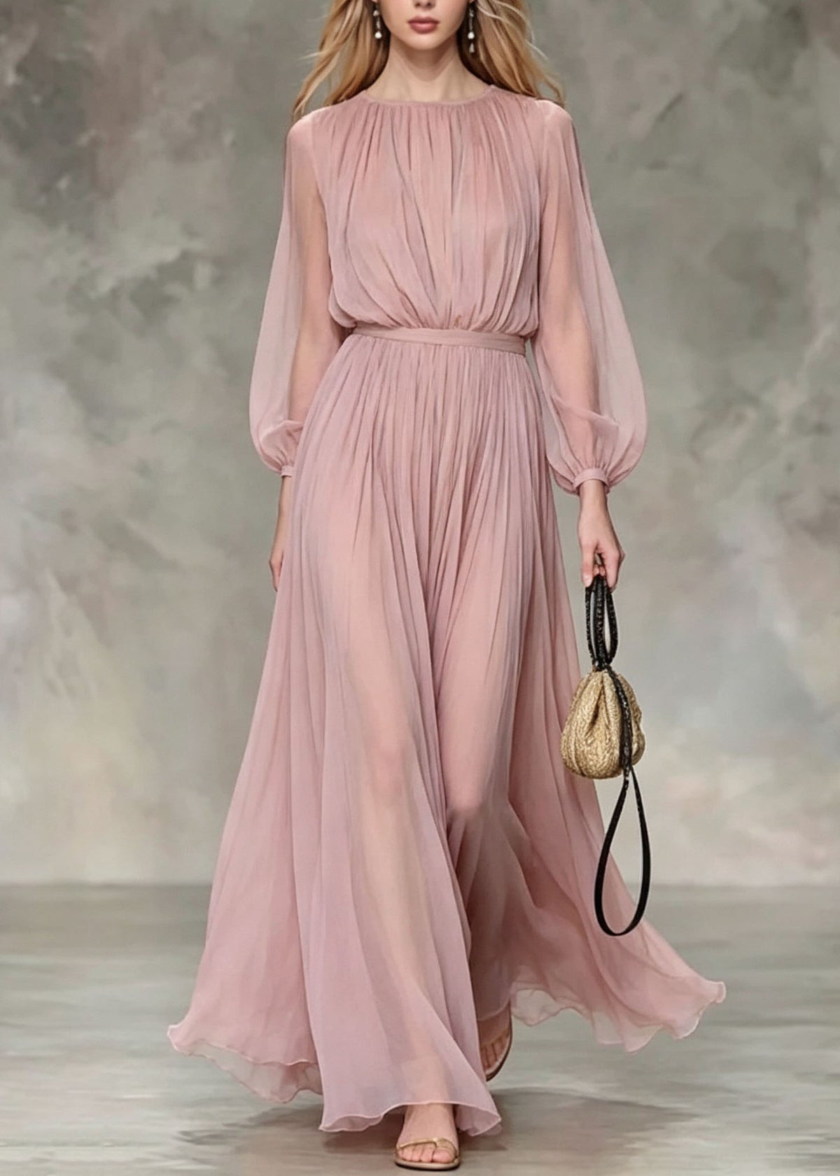 French Pink O Neck Wrinkled Chiffon Two Pieces Set Fall